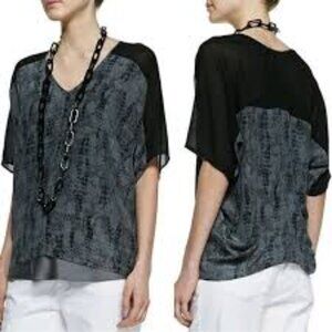 Eileen Fisher 100% Silk Blouse Gray/Black Print Small